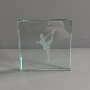 Etched Glass Paperweight Featuring Female Figure Ice Skater Dancer 3"
